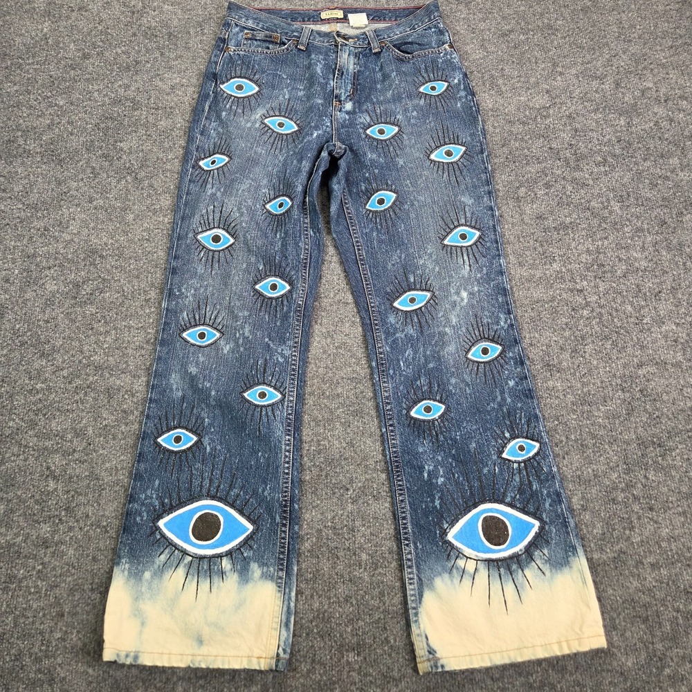 Vintage Y2k Womens Hand Painted Eye Motiff Jeans LL Bean 8 Regular